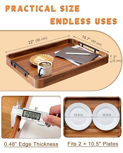 OurMiao 22" x 15.75" Acacia Wood Serving Tray with Metal Handles & Rounded Corners, Large Rectangular Wooden Ottoman Tray for Coffee Table, Living Room, Kitchen, Food Serving