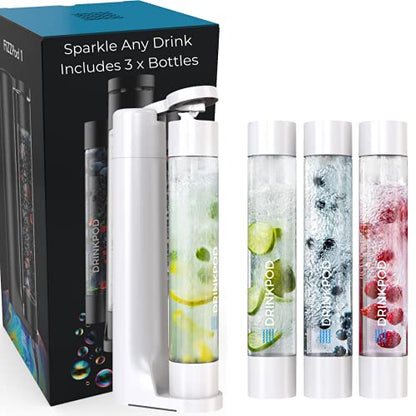 FIZZpod Soda Maker - Fizzy Drink Machine with 3 PET Bottles, 3 Caps, 1 Carbonator Cap and Manual - Make Homemade Sparkle Water, Juice, Coffee, Tea and Cocktail Drinks with Fruit (White)