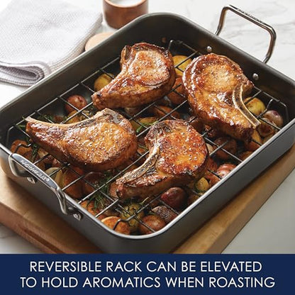 Rachael Ray Bakeware Nonstick Roaster/Roasting Pan with Reversible Rack, 16.5 Inch x 13.5 Inch, Gray