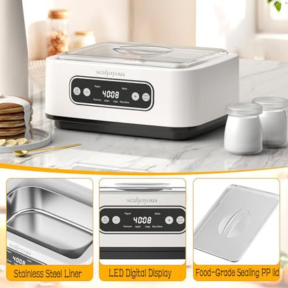 Genuine sealjoyous Yogurt Maker Machine with Adjust Temp(21°C-45°C/70°F-113°F)&Time(1-99h)304 Stainless Steel Inner Bowl(1.6 Quart) (Standard version)