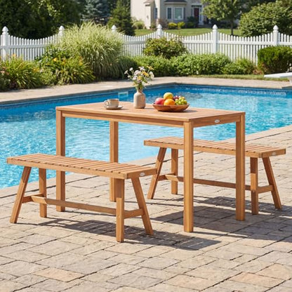 Tangkula 3 Pieces Acacia Wood Patio Dining Set, Outdoor Rectangular Table and Benches with Slatted Seats, Space-Saving Outside Furniture Set for Deck, Lawn, Garden and Backyard