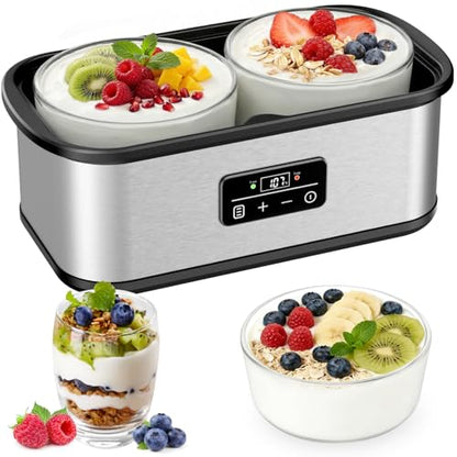 Adjustable Temp & Time Yogurt Maker with Auto Shut-Off, Constant Fermentation, with Two 925ml Glass Bowls for Homemade Probiotic Yogurt