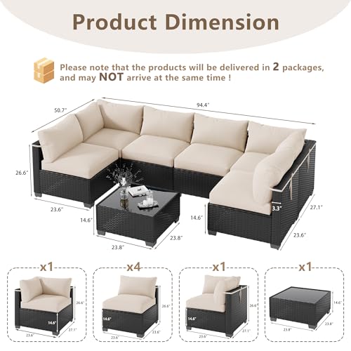 LOUVIXA 7 Piece Outdoor Patio Furniture Set, Outdoor Sectional Sofa, Wicker Rattan Patio Furniture, Patio Conversation Set with Coffee Table & Cushions