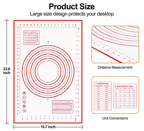 HOOMIL Silicone Baking Mat, Non-Stick, Non-Slip, Extra Large Pastry Mat for Rolling Dough, Bread Pie Crust Pizza Cookies Fondant Making, with Measurements - 24"x16"