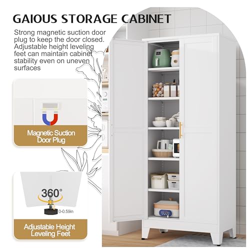 GAIOUS 75.2" Tall Metal Kitchen Pantry Storage Cabinets with 2 Door and 5 Adjustable Shelves, Cupboard for Kitchen, Dining Room, Living Room and Bathroom, White