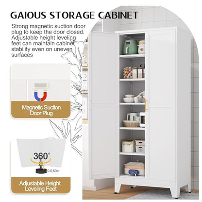 GAIOUS 75.2" Tall Metal Kitchen Pantry Storage Cabinets with 2 Door and 5 Adjustable Shelves, Cupboard for Kitchen, Dining Room, Living Room and Bathroom, White