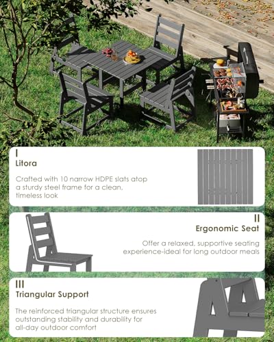GREENVINES 5-Piece-Outdoor-Dining-Set | HDPE | Square | Patio Furniture | All Weather | Armless Chair | Slatted Table and Chairs Sets for 4 | for Backyard Poolside Garden | Grey