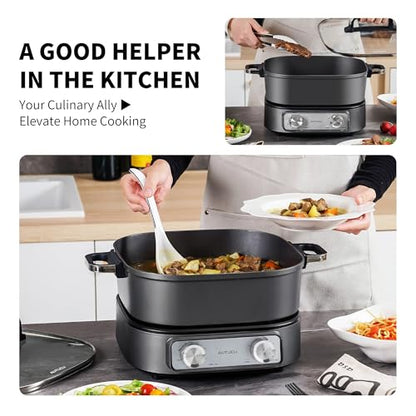 6-Quart Electric Skillet, Hot Pot | Non-Stick PFOA-Free Ceramic-Coated Pot, 1600W, Timer & 3 Power Settings for Steak, Egg, Ramen, Nonstick Pot