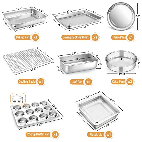 E-far 10-Piece Baking Pans set, Stainless Steel Bakeware Set for Oven, Include Cake Pan/Baking Cookie Sheet/Pizza/Muffin/Loaf Pan, Non-Toxic & Heavy Duty, Dishwasher Safe