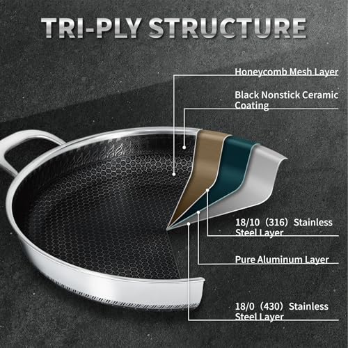 Bakoniion Hybrid Nonstick Skillet with Lid 13 Inch, Stainless Steel Paella Pan with Two Handles Multi-Functional Pan Dishwasher and Oven Safe