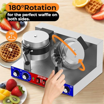 HTTSICHI Commercial Belgain Waffle Maker - Rotating Double Waffle Maker w/Non-stick and 1.2 in Thick, Filp Belgian Waffle Machine w/ 122-572℉ Temp Range and Timer, Stainless Steel Waffle Iron, 2400W