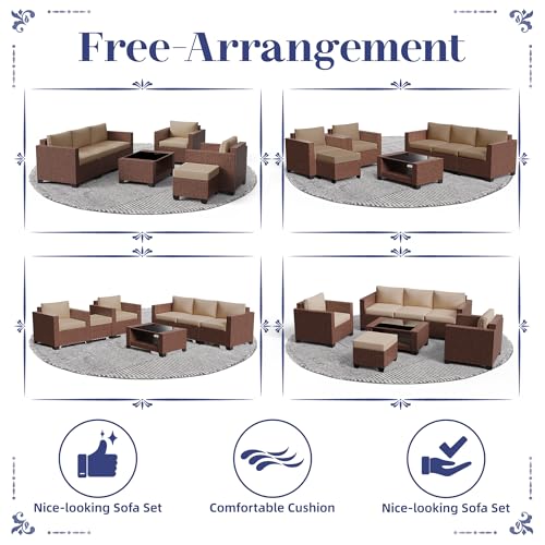 KIGOTY Patio Furniture Set 7 PCS Patio Conversation Sets, All-Weather PE Rattan Outdoor Sectional Sofa with Cushion and 2- Tier Glass Coffee Table（Brown/Camel）