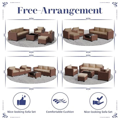 KIGOTY Patio Furniture Set 7 PCS Patio Conversation Sets, All-Weather PE Rattan Outdoor Sectional Sofa with Cushion and 2- Tier Glass Coffee Table（Brown/Camel）