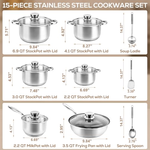 Colourcoco Stainless Steel Cookware Set - 15 Pieces Pots and Pans Nonstick Pot and Pan Set Includes 1 Frying Pans, 5 Pots, 6 Lids and 3 Utensils, with Stay Cooling Handle, Induction & Oven Safe