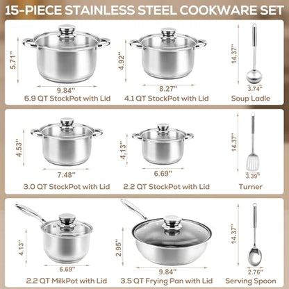 Colourcoco Stainless Steel Cookware Set - 15 Pieces Pots and Pans Nonstick Pot and Pan Set Includes 1 Frying Pans, 5 Pots, 6 Lids and 3 Utensils, with Stay Cooling Handle, Induction & Oven Safe