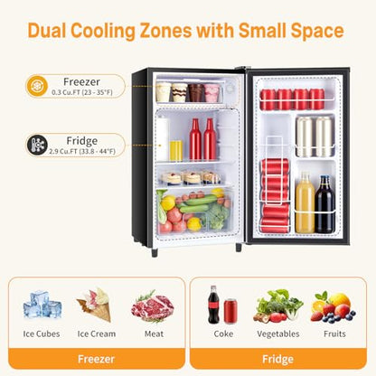 NEWBULIG Mini Fridge with Freezer 3.2 Cu.Ft Small Refrigerator for Office, Dorm, Small Fridge with Adjustable Thermostat, Energy Saving, Singel Door, Black