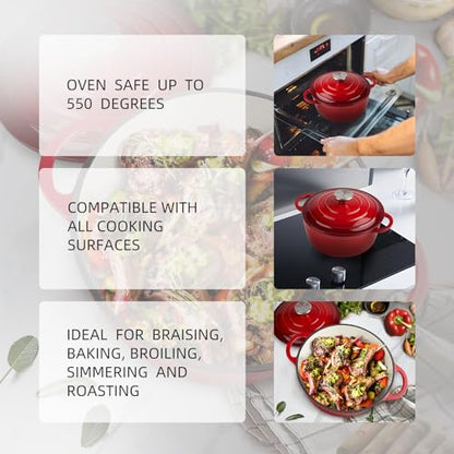 4 Quart Dutch Oven Enameled Cast Iron with Lid - Big Dual Handles - Oven Safe up to 500°F - Classic Round Pot for Versatile Cooking Red