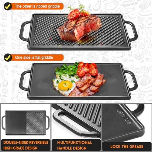 GGC Cast Iron Reversible Grill Griddle，Double Sided Grill Pan Perfect for Gas Grills and Stove Tops, 13 x 8.25 Rectangular Baking Flat and Ribbed Griddle Plate