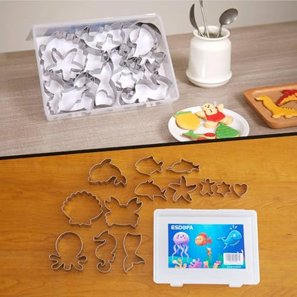 ESDOPA Ocean Creature Cookie Cutters Set, 13PCS Metal Marine Species Shapes Baking Mold, Under the Sea Animals Cookie Cutter for Kids Birthday Party DIY Cake Decoration