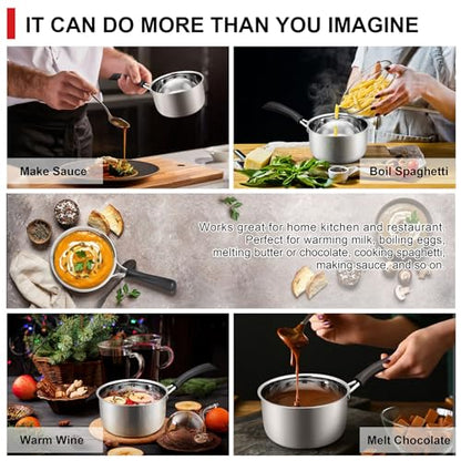 1 Quarts 18/10 Stainless Steel Saucepan, Joyfair Small Sauce Pan Milk Pot with Glass Lid for Cooking Stewing Boiling Spaghetti Soup, Extra Pan Wall & Heat-proof Bakelite Handle, Dishwasher Safe