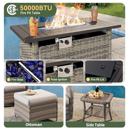Aoxun 10-Piece Patio Furniture Set with 44” Fire Pit Table, Wicker Rattan Outdoor Sectional Sofa with High Back Swivel Rocker Chairs, Outdoor Patio Furniture Set with Thick Cushions & Ottoman, Grey
