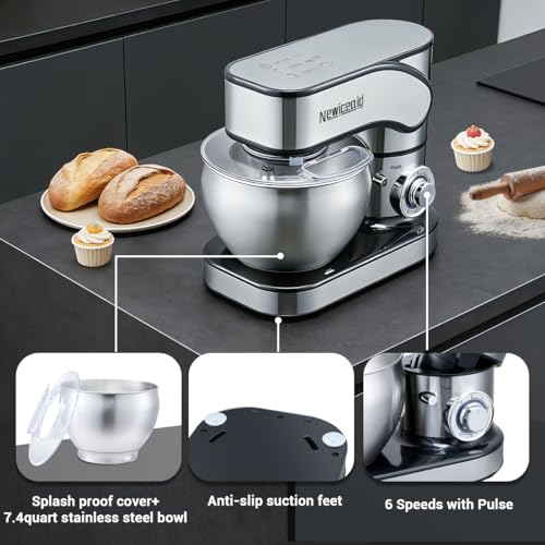 Newiceaid Stainless Steel Stand Mixer, 6-Speed Tilt-Head Mixer with 700W Powerful Motor, 7.4QT Large Capacity Bowl, Electric Kitchen Mixer with Dough Hook, Beater, Whisk for Baking & Dough Making