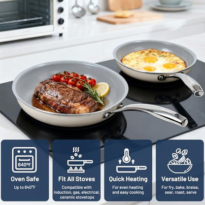 Kikcoin Non Stick Frying Pans, 3 Pack Ceramic Frying Pan for Cooking, 8+9.5+11 Inch Omelette Pans Set with Stay Cool Handle, Induction Ready, Free of PFAS PFOA PTFE, Oven/Dishwasher Safe