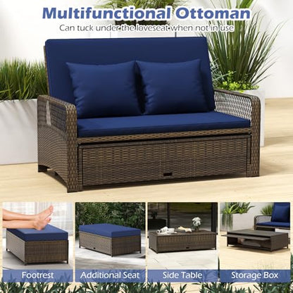 Tangkula Patio Rattan Daybed with 4-Level Adjustable Backrest, Navy