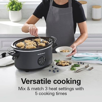 Hamilton Beach 7 Quart Stay or Go Portable Programmable Slow Cooker, 15 Cooking Options, Large Dishwasher Safe Stoneware Crock, Clip-Tight Glass Lid For Easy Travel, Black (33771)