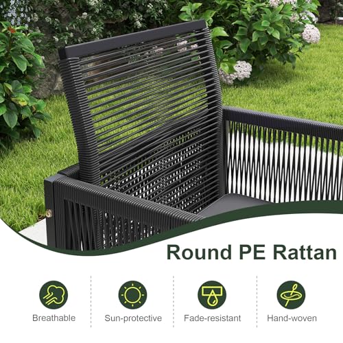 Tangkula 9 Pieces Patio Dining Set, Outdoor Space-Saving Furniture Set with PE Rattan Chairs, Tempered Glass Table and Ottomans, Outdoor Sectional Conversation Set with Cushions for Yard