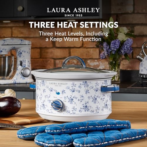 Laura Ashley Slow Cooker 3.7 Quart - Large Slow Cooker 3.7 QT for 4 to 5 People - Energy Efficient Slow Cookers with 3 Heat Settings - Dishwasher Safe Removeable Ceramic Crock & Tempered Glass Lid