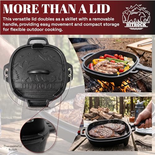 HITROCK Cast Iron Camp Dutch Oven with Legs 9QT, Pre-Seasoned Camping Dutch Oven with Lid, Outdoor Pot with Lid Lifter, Storage Bag & Handle for Camping, Baking, Grilling, Rounded-square Shape