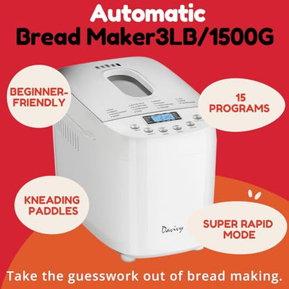 Davivy 3LB Large Capacity Bread Machine, 850W Powerful Automatic Bread Maker with 15 Programs, 3 Crust Colors & 1.5H 3LB Quick Bake, Nonstick Pan, 15H Delay Timer for Gluten Free Yogurt Dough
