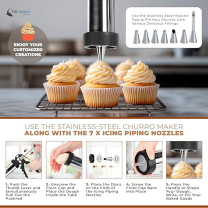 Churro Maker Machine & Spritz Cookie Press Gun Kit – 304 Stainless Steel, Easy to Clean & Large Capacity – Make Authentic Churros & Cookies at Home – Ideal Baking Tool for Families, Chefs & Beginners