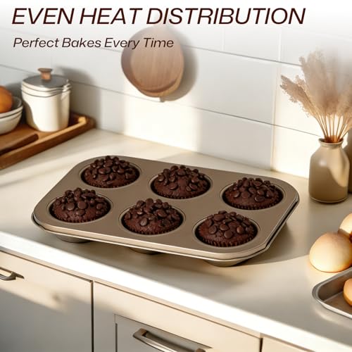 BRMUEIX 5-Piece Gold Nonstick Baking Pans Set, Carbon Steel Bakeware Includes Round Cake Pan, 6-Cup Muffin Pan, Square Pan, Pizza Pan, Loaf Pan, Complete Baking Tools for Home Baking & Gift