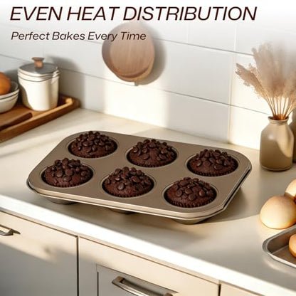 BRMUEIX 5-Piece Gold Nonstick Baking Pans Set, Carbon Steel Bakeware Includes Round Cake Pan, 6-Cup Muffin Pan, Square Pan, Pizza Pan, Loaf Pan, Complete Baking Tools for Home Baking & Gift