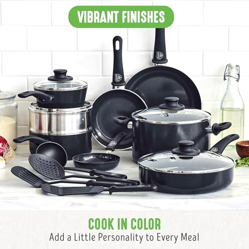 GreenLife 16 Piece Nonstick Cookware Set, Soft Grip Non-Toxic PFAS-Free Ceramic Pots & Pans, Dishwasher & Oven Safe, Frying, Sauce, Saute, Utensils, Glass Lids, Stay-Cool Handles, Wobble Free, Black