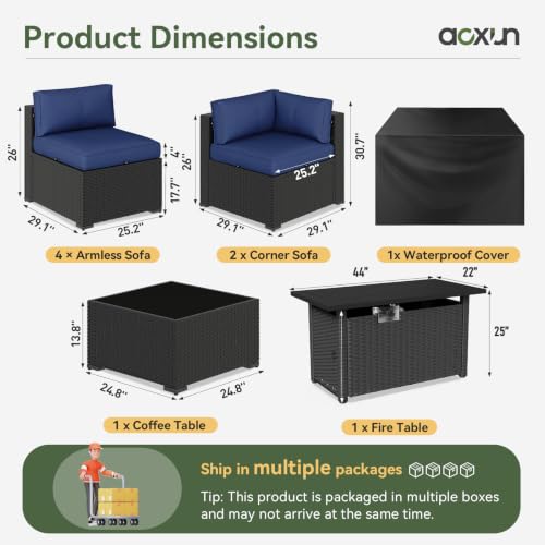 Aoxun 8 Piece Patio Furniture Set with 44” Fire Pit Table, Wicker Patio Sectional Sofa, Outdoor Furniture Set with Thickened Cushion, Blue