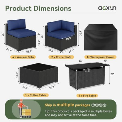 Aoxun 8 Piece Patio Furniture Set with 44” Fire Pit Table, Wicker Patio Sectional Sofa, Outdoor Furniture Set with Thickened Cushion, Blue