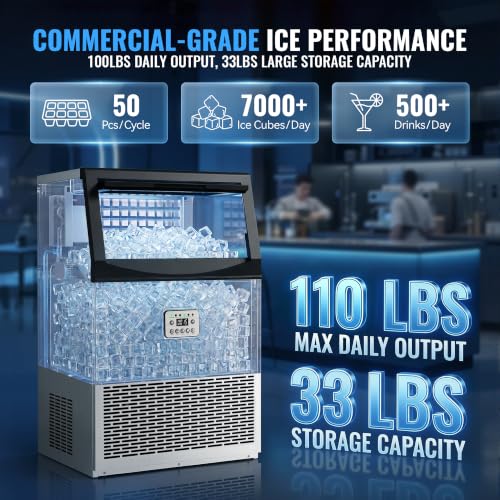 Nanori Commercial Ice Maker, 110LBS/24H with 33LBS Storage, Self-Cleaning