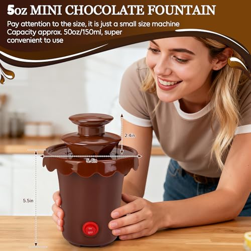5-OZ Mini Chocolate Fountain with 10 Forks, 2-Tier Mini Chocolate Dipping Machine for Use Only with Chocolate Syrup, fit for Parties, Daily Use, Powered by 4 x C Batteries (Not Included)