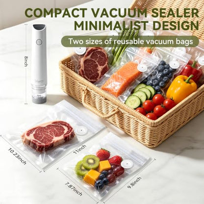 Vieyorn Compact Food Vacuum Sealer Kit,60kPa Pump,30 Reusable Bags-15S/15M