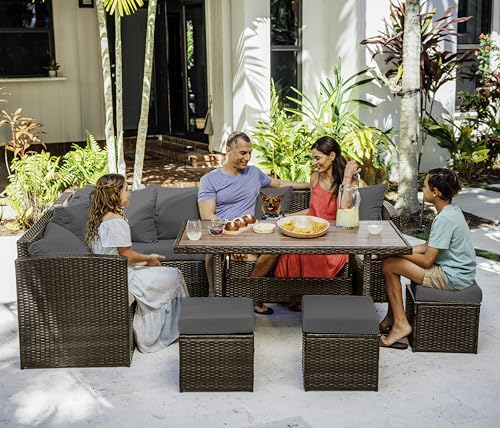 Nestl Outdoor Dining Set - 7 Piece Wicker Patio Set with Outdoor Dining Table, Outdoor Sectional Sofa and 3 Ottomans, Outdoor Patio Furniture Table and Chairs Set (Grey/Grey)