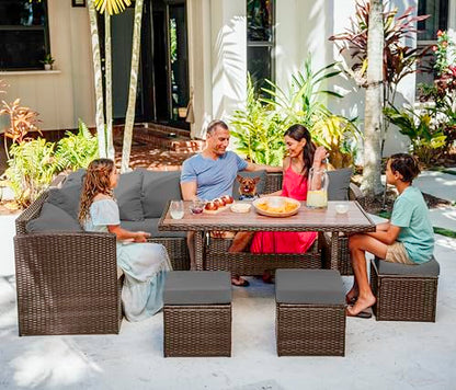 Nestl Outdoor Dining Set - 7 Piece Wicker Patio Set with Outdoor Dining Table, Outdoor Sectional Sofa and 3 Ottomans, Outdoor Patio Furniture Table and Chairs Set (Grey/Grey)