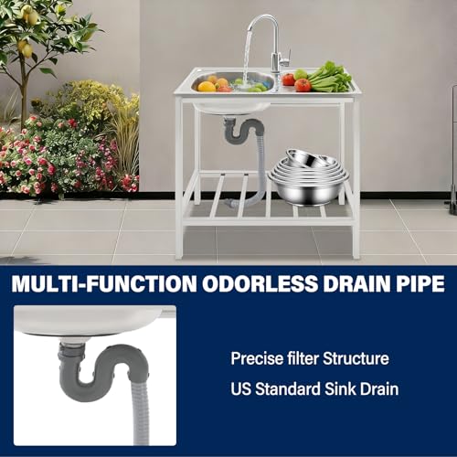 Versatile Outdoor Sink with Hose Hook Up – Heavy-Duty Stainless Steel Sink with Hose Hook Up, Large Basin, Storage Shelf & Quick Drain, Perfect for Gardens, Food Trucks, Restaurants