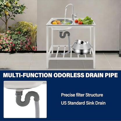 Versatile Outdoor Sink with Hose Hook Up – Heavy-Duty Stainless Steel Sink with Hose Hook Up, Large Basin, Storage Shelf & Quick Drain, Perfect for Gardens, Food Trucks, Restaurants