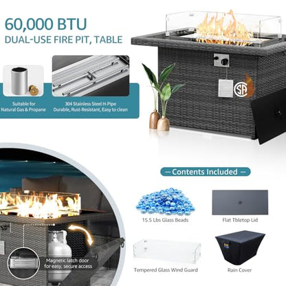 NICESOUL 20 Piece Extra Large Patio Furniture Set w/Fire Pit Table & Chaise Lounge, Modern Luxury Outdoor Group Seating w/Firepit, Comfortable 29.3" High-Back Sectional Couch Deep Seat, Gray & Teal