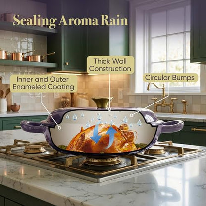 Vintage Style 3 Quart Enameled Cast Iron Braiser, Non Stick Enameled Cast Iron Skillet with Lid, Dutch Oven Skillet with lid up to 500°F for Oven, Stove, Grill, Shallow Dutch Oven for Cook, Bake (Purple)