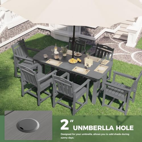 SUUNYN HDPE Outdoor Dining Set, Patio Table and Chairs Set, All-Weather 7-Piece Outside Table and 6 Chairs, 2" Umbrella Hole, Outdoor Furniture for Garden, Poolside, Backyard, Deck | Grey