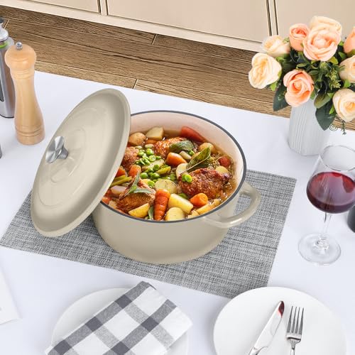 P&P CHEF 6QT Enameled Dutch Oven, Cast Iron Dutch Oven Pot with Lid for Bread Baking, Enameled Casserole Pot for Roasting Braising Stewing Frying Simmering, Various Stoves & Easy Clean, Khaki